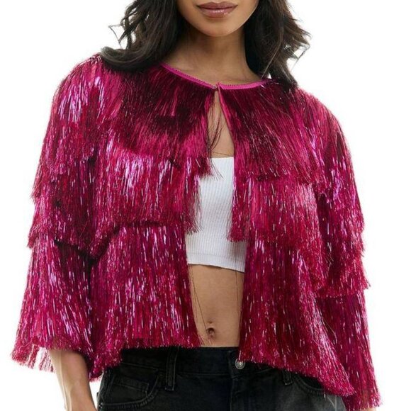 Hot Pink Tinsel Fringe Barbie Cosplay Halloween KPOP NYE Jacket Size L/XL NIP - Picture 1 of 6